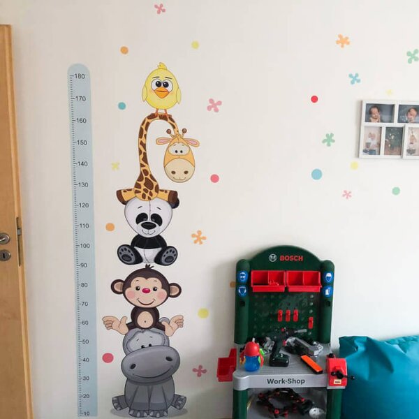 INSPIO - átragasztható textil matrica - Kék magasságmérő - Vidám állatok 180cm