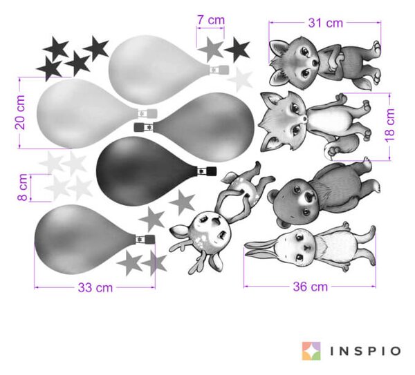 INSPIO - átragasztható textil matrica - Fekete - fehér falmatrica - INSPIO állatkák hőlégballonokkal