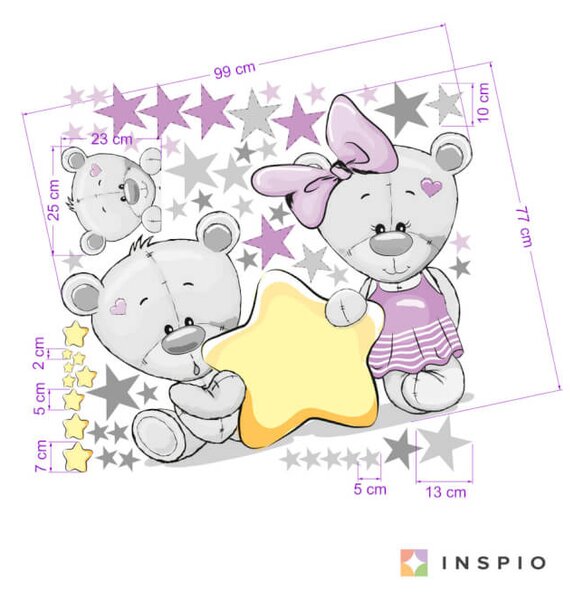 INSPIO - átragasztható textil matrica - Lila macis falmatrica csillagokkal és névvel