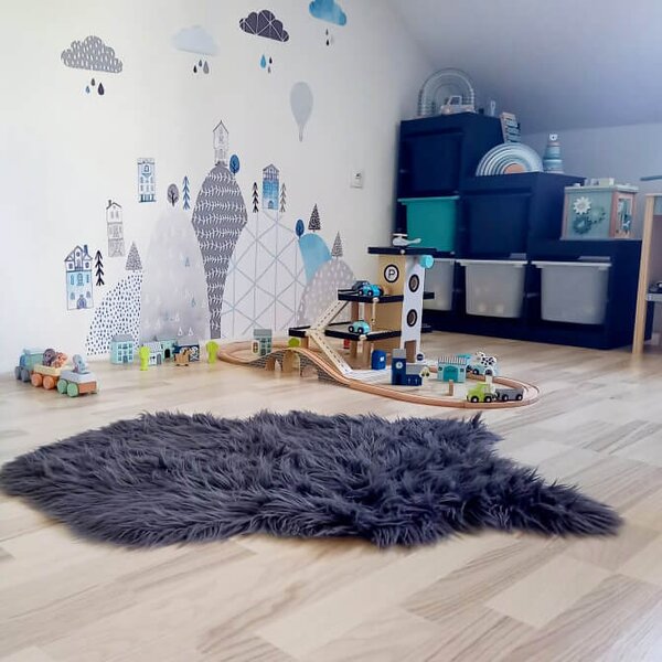 INSPIO - átragasztható textil matrica - Falmatricák - Hegyek és házikók kék színben