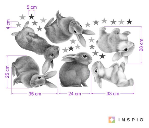 INSPIO - átragasztható textil matrica - Falmatrica - Szürke nyuszik gyerekszobába