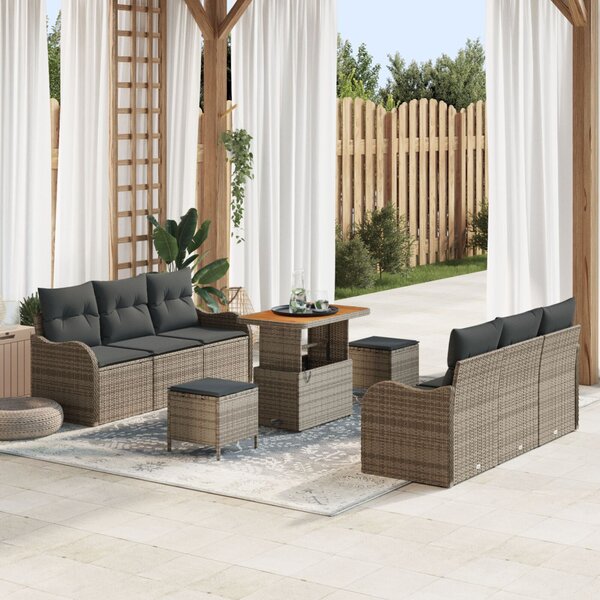 VidaXL 9 darabos Kerti Kanapészett Párnákkal Szürke Poli Rattan Akácia, vidaXL 2 személyes Kerti Kanapé Párnákkal Szürke Poli Rattan, vidaXL 3 darabos Kerti Étkezőszett Párnákkal Szürke Poli Rattan Akácia