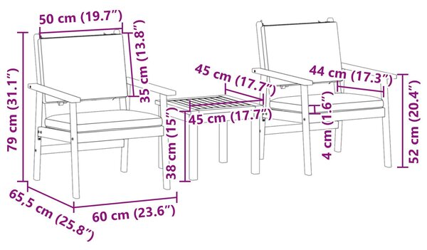 VidaXL Kerti Kanapé Szett 3 pcs Barna 45 x 45 x 38 cm Tömör akácfa
