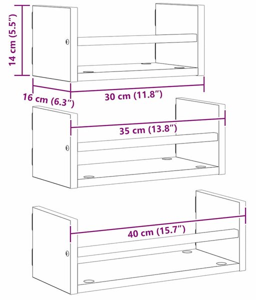 Fali polc készlet polcokkal 3 pcs Öreg fa 40x16x14cm Faanyag