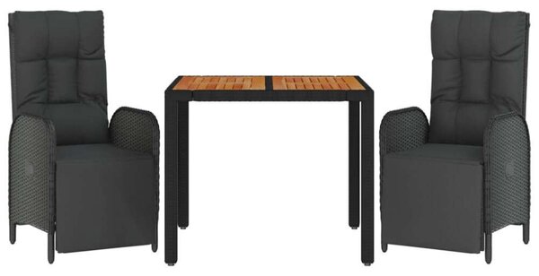 3 részes fekete polyrattan kerti étkezőgarnitúra párnákkal