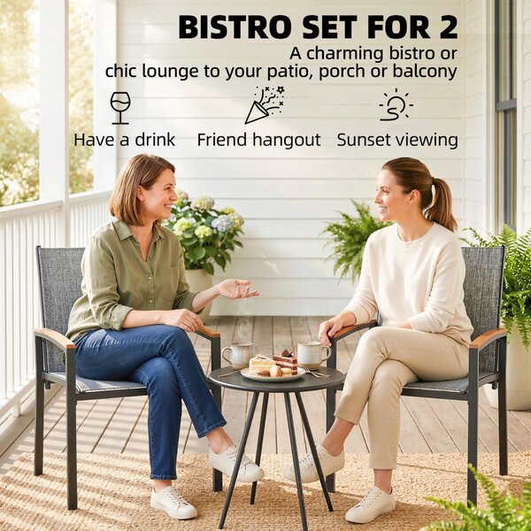 Outsunny 3 részes bisztrógarnitúra – kerti szett 2 textilén székkel, fém asztallappal, dekoratív karfákkal, acél kerti bútorgarnitúra teraszra, erkélyre és teraszra – vegyes szürke színben