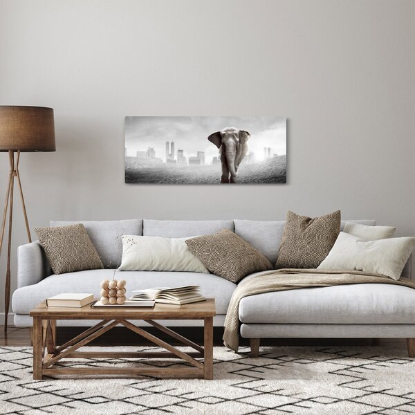 Kép -Elefánt egy nagyvárosban, fekete-fehér változat (120x50 cm)