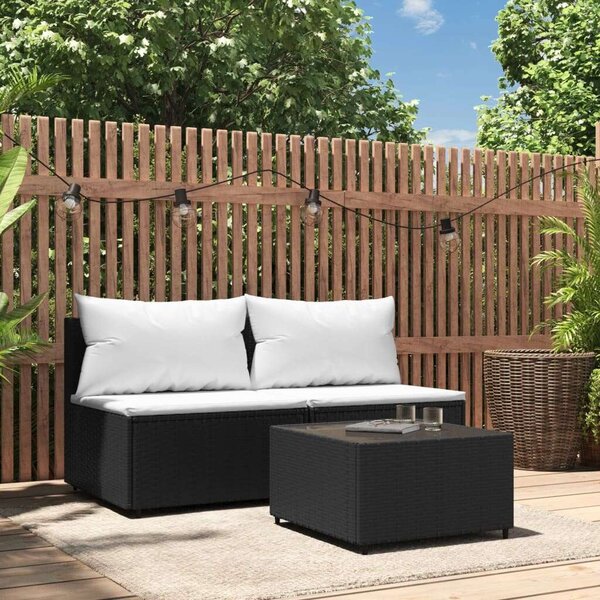 VidaXL 3 részes fekete polyrattan kerti ülőgarnitúra párnákkal