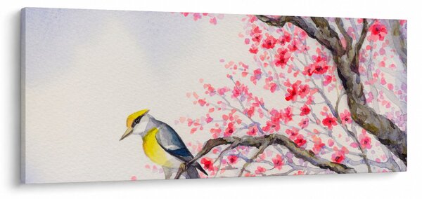 Kép - Madár egy fán, piros virágokkal (120x50 cm)