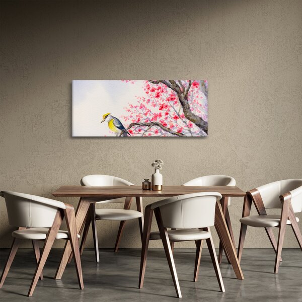 Kép - Madár egy fán, piros virágokkal (120x50 cm)