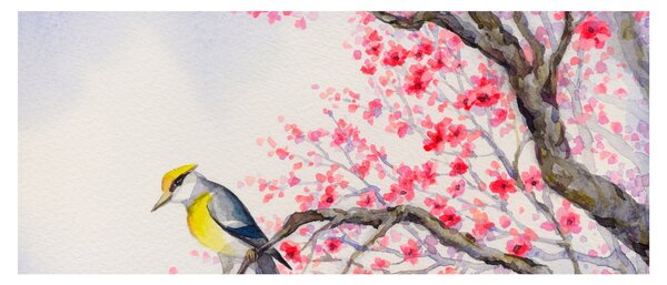 Kép - Madár egy fán, piros virágokkal (120x50 cm)