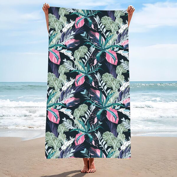 Gyorsan száradó strandtörölköző NIGHT BLOSSOM 100x180 cm fekete, 100% mikroszálas