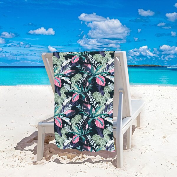 Gyorsan száradó strandtörölköző NIGHT BLOSSOM 100x180 cm fekete, 100% mikroszálas