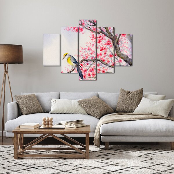 Kép - Madár egy fán, piros virágokkal (150x105 cm)
