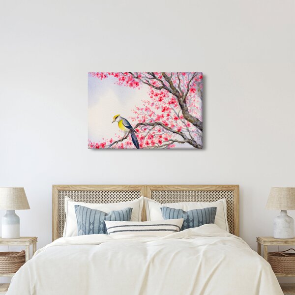 Kép - Madár egy fán, piros virágokkal (90x60 cm)