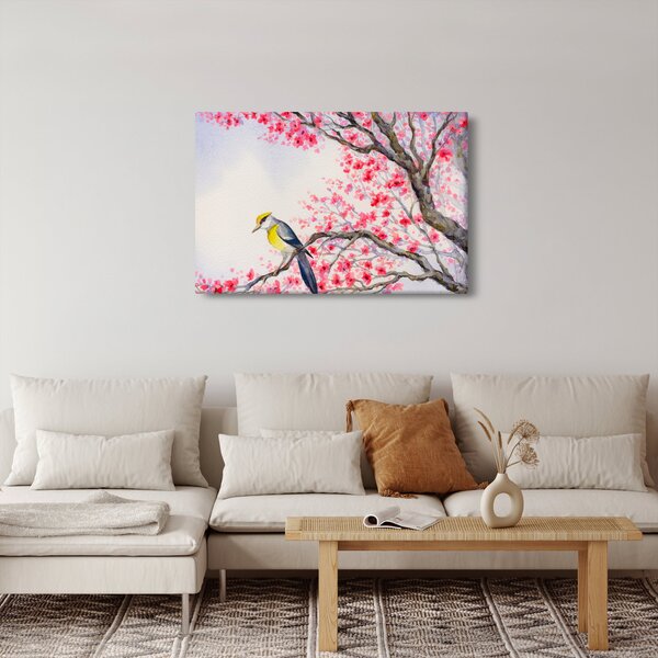 Kép - Madár egy fán, piros virágokkal (90x60 cm)