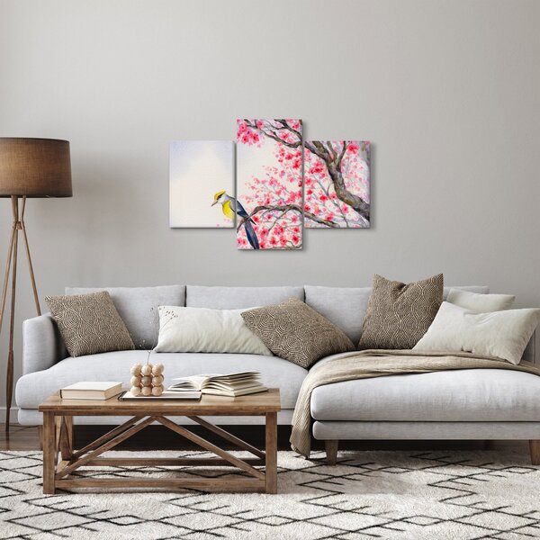 Kép - Madár egy fán, piros virágokkal (90x60 cm)