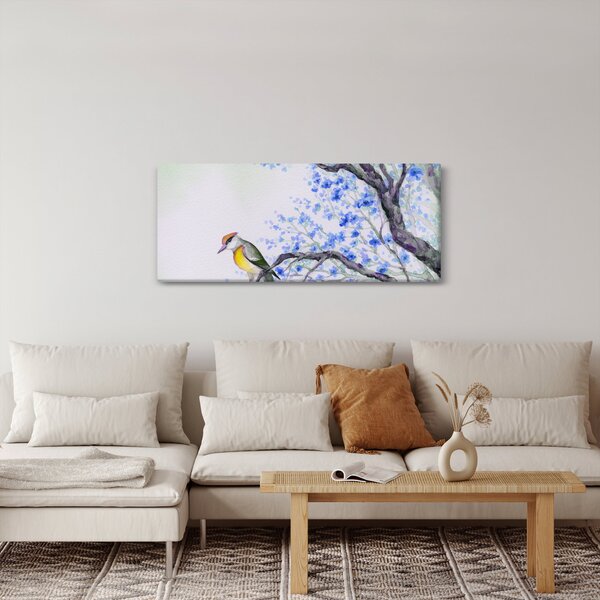 Kép - Madár egy fán kék virágokkal (120x50 cm)