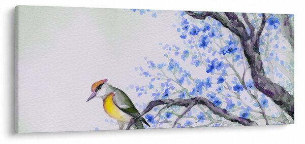 Kép - Madár egy fán kék virágokkal (120x50 cm)
