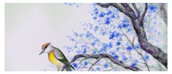 Kép - Madár egy fán kék virágokkal (120x50 cm)