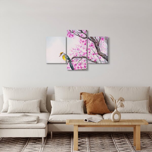 Kép - Madár egy fán rózsaszín virágokkal (90x60 cm)