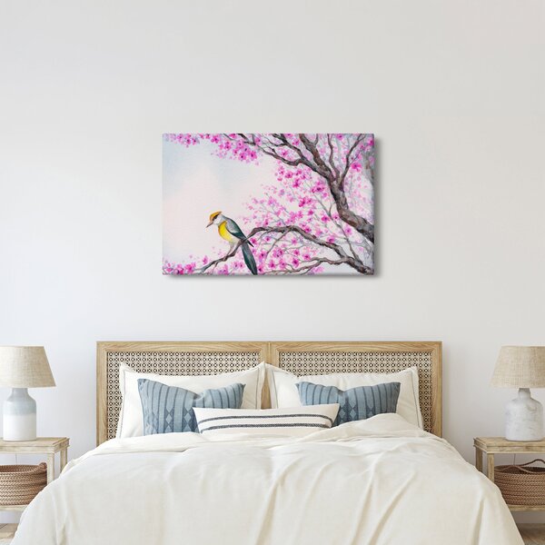 Kép - Madár egy fán rózsaszín virágokkal (90x60 cm)