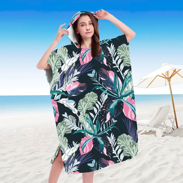 Strandkészlet NIGHT BLOSSOM – Fürdőlepedő 100×180 cm és poncsó 80×145 cm, fekete