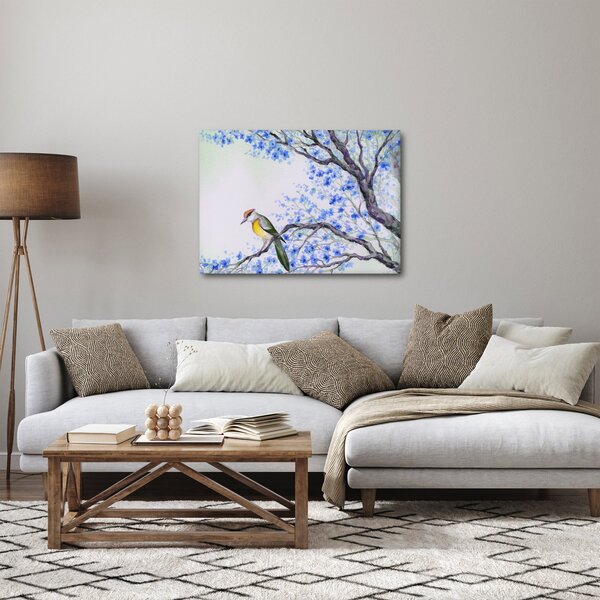 Kép - Madár egy fán kék virágokkal (70x50 cm)