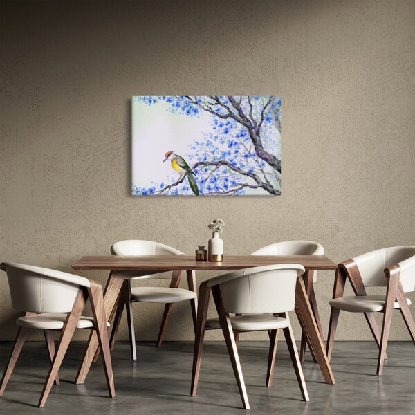 Kép - Madár egy fán kék virágokkal (90x60 cm)
