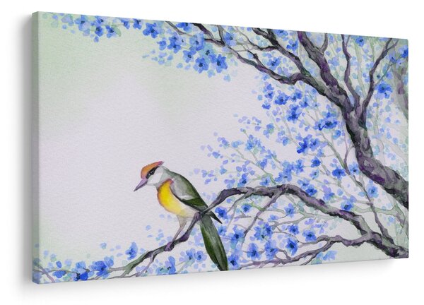 Kép - Madár egy fán kék virágokkal (90x60 cm)