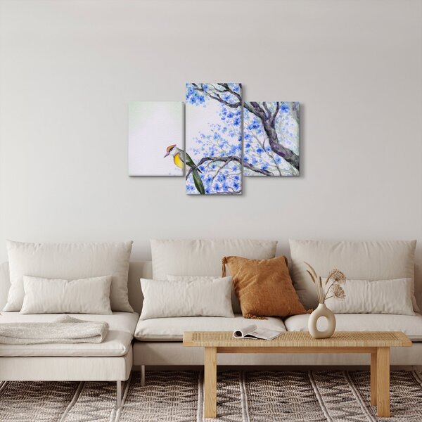 Kép - Madár egy fán kék virágokkal (90x60 cm)