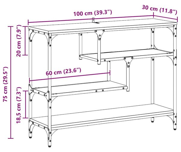 Konzolasztal polcokkal kézműves tölgy 100 x 30 x 75 cm Faanyag