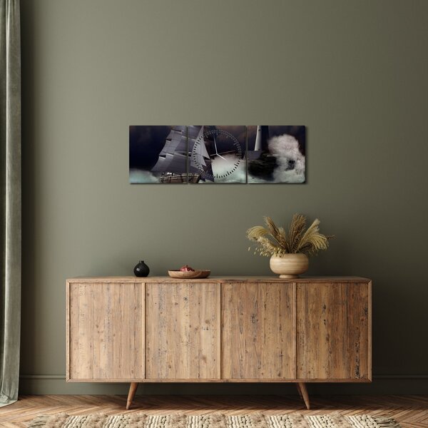 Kép - Viharos hullámokon áthajózó hajó (órával) (90x30 cm)