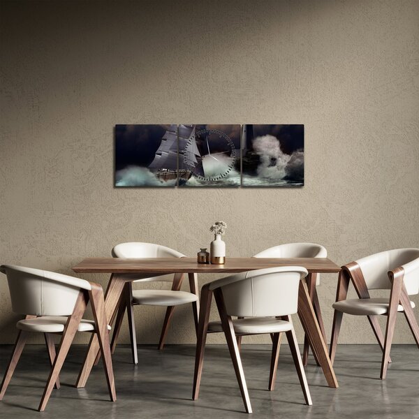 Kép - Viharos hullámokon áthajózó hajó (órával) (90x30 cm)
