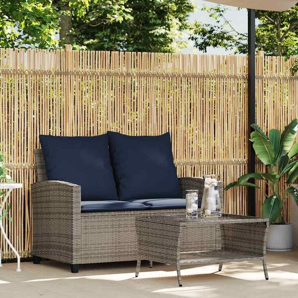 VidaXL 2 személyes szürke polyrattan kerti kanapé asztallal&párnával