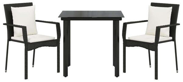 3 részes fekete polyrattan kerti étkezőgarnitúra párnákkal