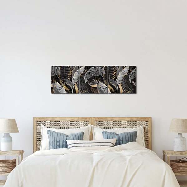 Kép - Trópusi levelek fekete és arany színben (órával) (90x30 cm)