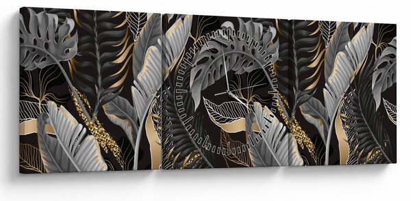 Kép - Trópusi levelek fekete és arany színben (órával) (90x30 cm)