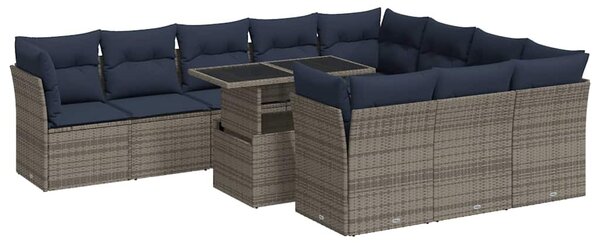 11 részes szürke polyrattan akácfa kerti ülőgarnitúra párnákkal