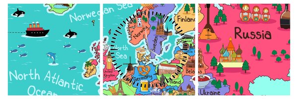 Kép - gyermek térkép Európa (órával) (90x30 cm)