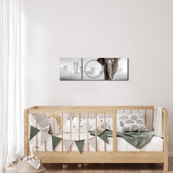 Kép -Elefánt egy nagyvárosban, fekete-fehér változat (órával) (90x30 cm)