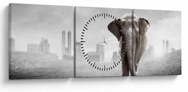 Kép -Elefánt egy nagyvárosban, fekete-fehér változat (órával) (90x30 cm)