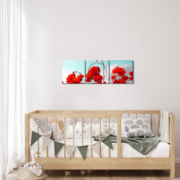 Fényes piros virágokkal rendelkező mező képe (órával) (90x30 cm)