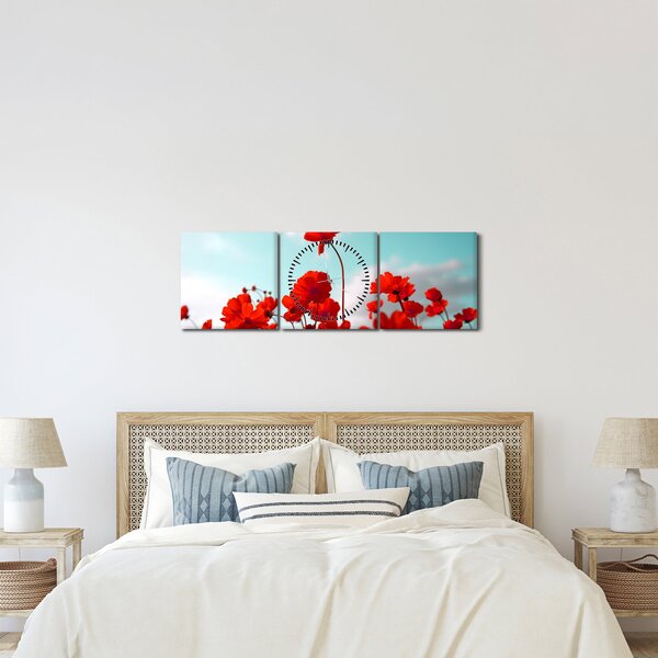 Fényes piros virágokkal rendelkező mező képe (órával) (90x30 cm)