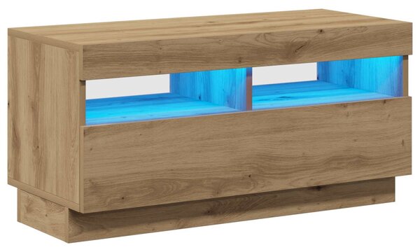 Kézműves tölgyszínű szerelt fa TV-szekrény LED-ekkel 80x35x40cm