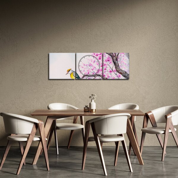 Kép - Madár egy fán rózsaszín virágokkal (órával) (90x30 cm)