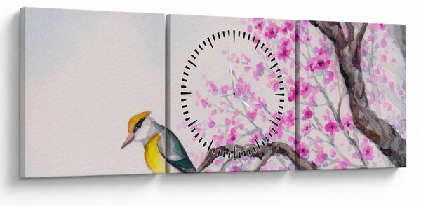 Kép - Madár egy fán rózsaszín virágokkal (órával) (90x30 cm)