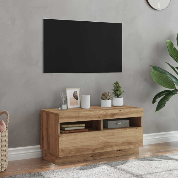 Kézműves tölgyszínű szerelt fa TV-szekrény LED-ekkel 80x35x40cm