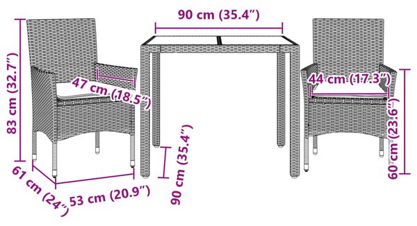 3 részes fekete polyrattan/üveg kerti étkezőgarnitúra párnákkal