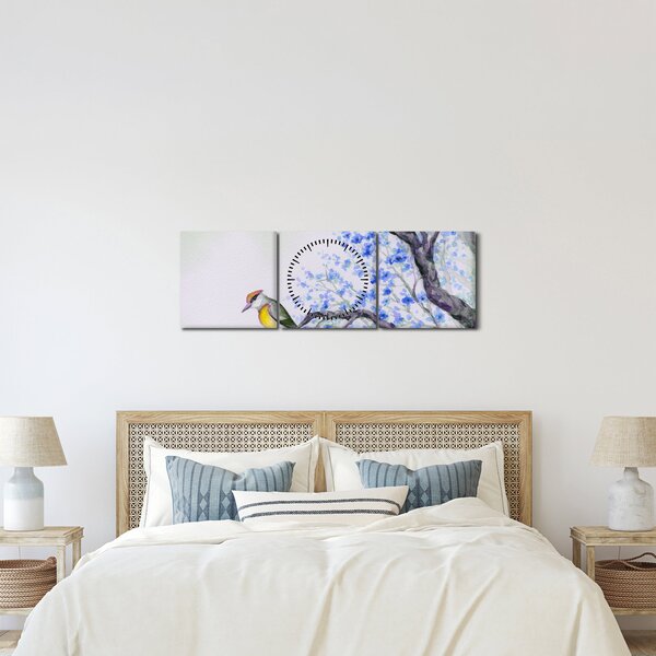 Kép - Madár egy fán kék virágokkal (órával) (90x30 cm)